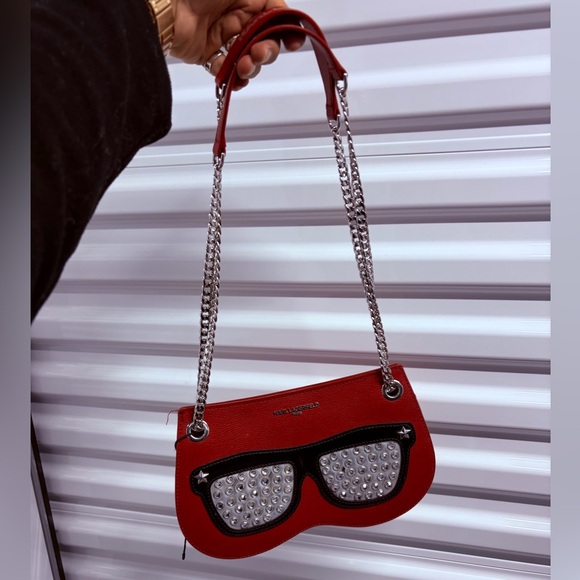 Karl Lagerfeld Paris Ikons Sunglass Crossbody Bag Red Leather Crystal Stones - Picture 2 of 6
